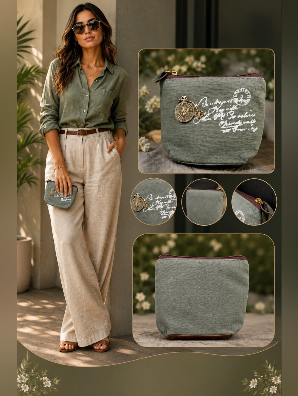 Vintage Retro Canvas Coin Purse | Bicycle Charm Zipper Pouch | Mini Wallet
